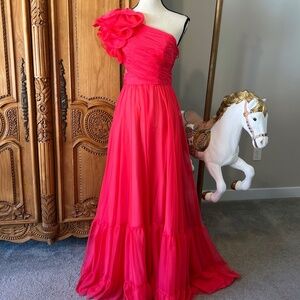 Mac Duggal Hot Pink One-Shoulder Ruffle Maxi Dress